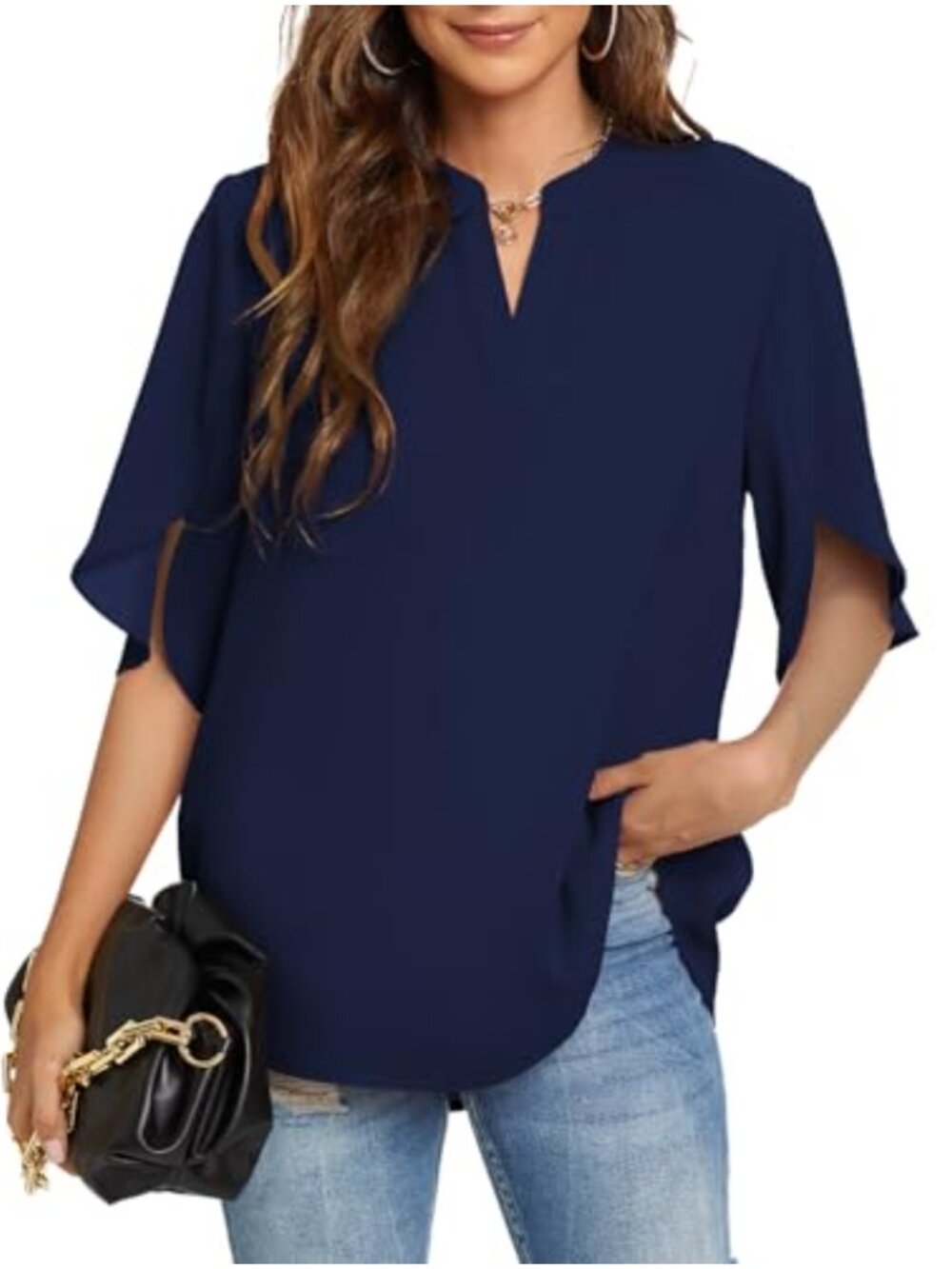 Women's Chiffon V Neck Ruffle Sleeve Tunic Blouse Dressy Office Top